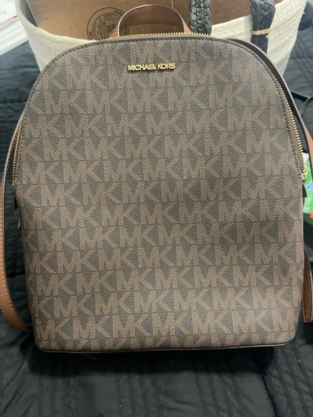 Michael Kors Brown Monogram MK Dome Backpack with Gold Hardware